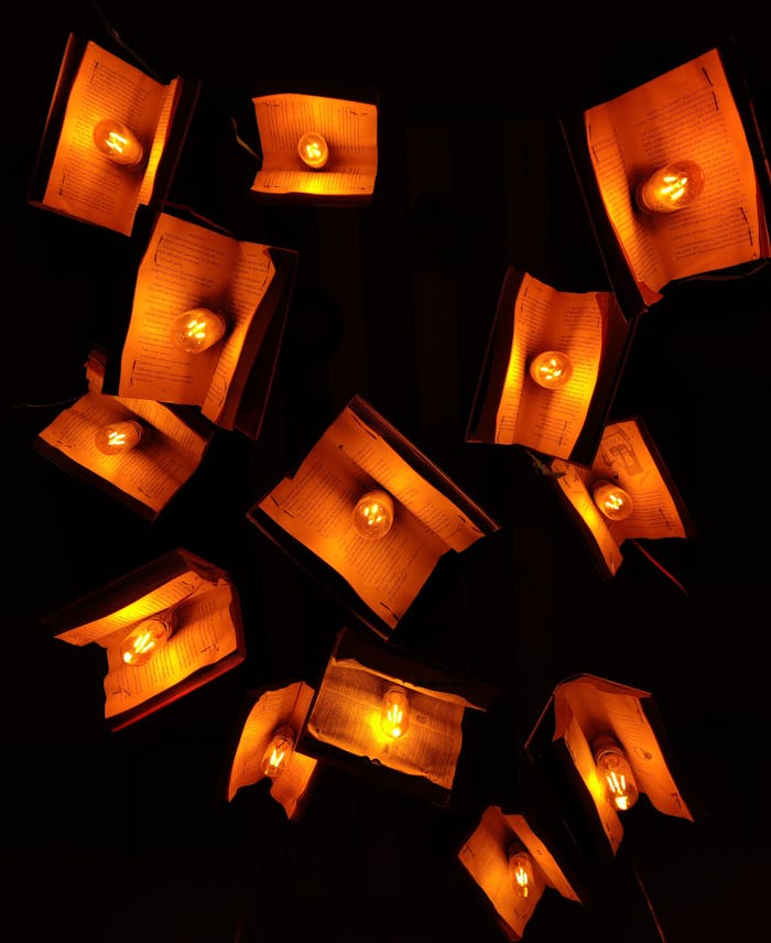 Creative display of open books with lights, adding warm ambiance, in Eskişehir, Turkey.